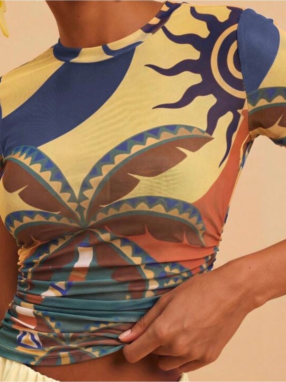 Abstract Sun & Palm Print Fitted Sheer Top